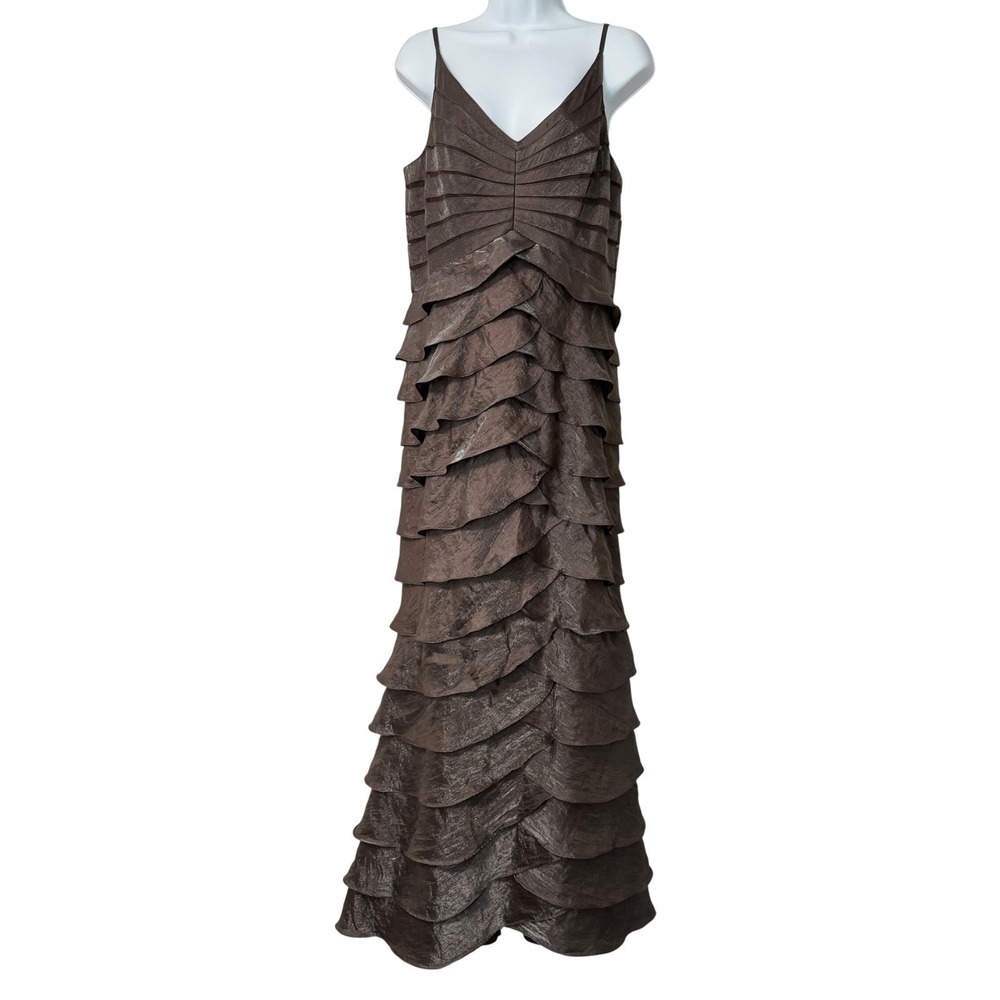 Adrianna Papell Occasions‎ Long Maxi Dress Petal Tiered Brown Metallic Womens 14